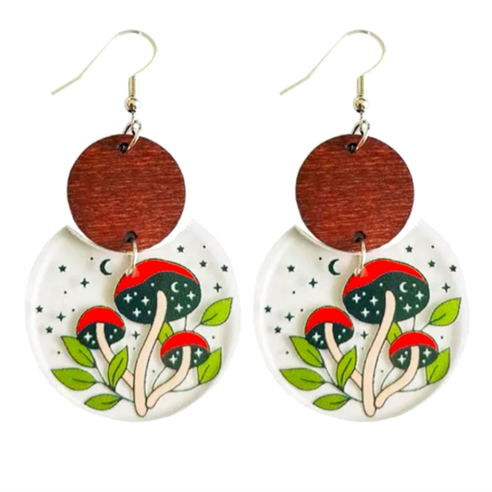Mushroom Drop Earrings, Wood & Acrylic